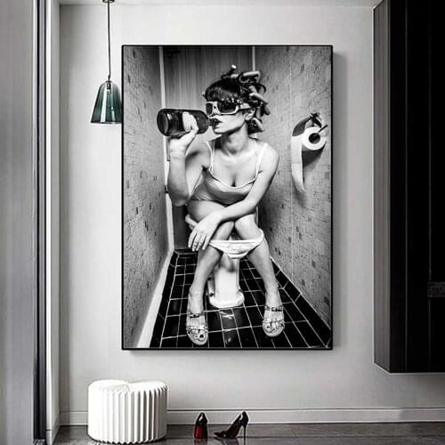 Modern Black White Sexy Drinking and Smoking Woman Canvas Painting Poster and Prints Wall Art Picture for Living Room Home Decor