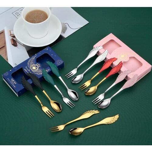 2pcs/set Stainless Steel TeaSpoon Fork Cutlery Wings Feather Shape Tableware Dinnerware Set Gold Spoon and Fork Set Silverwear