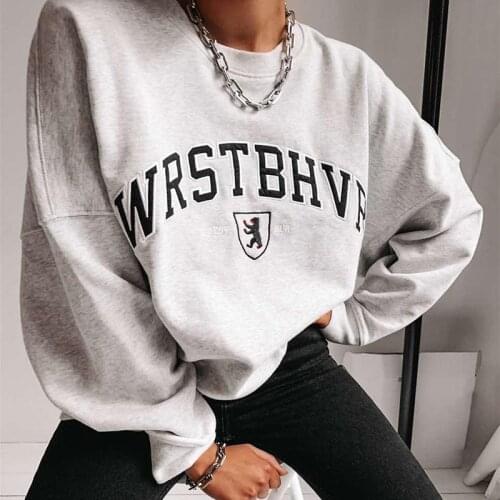Gothic Hip Hop 2021 Winter Fleece Letter Printing Sweatshirt Women Fashion Hoodie Streetwear Vintage Light Gray Long Sleeve Tops