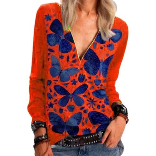 New Autumn Casual Long Sleeve Loose T Shirt Women Printed Plus Size 5XL Butterfly Harajuku Pullovers XXL Zip V-neck Tops