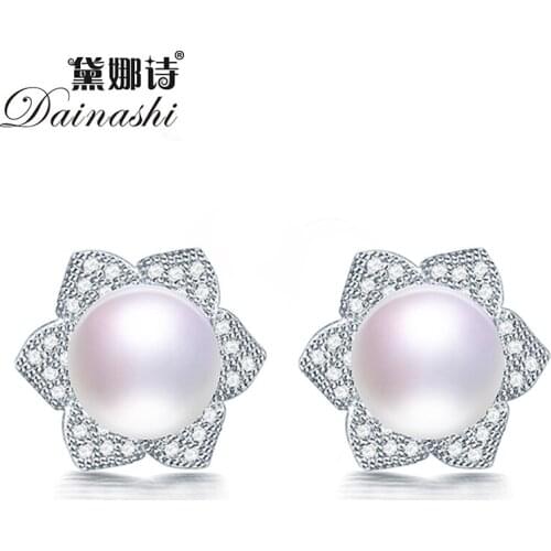 Dainashi High Quality 100% Genuine Freshwater Pearl Earrings for Women Hot Sale 925 Sterling Silver Zircon Flower Stud Earrings