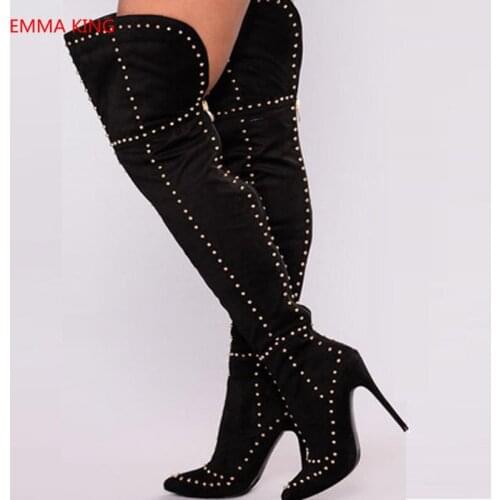 Winter New Pointed Toe Women Over The Knee Boots Suede Rivets Studded Ladies High Heels Shoes Party Wedding Thigh High Boots