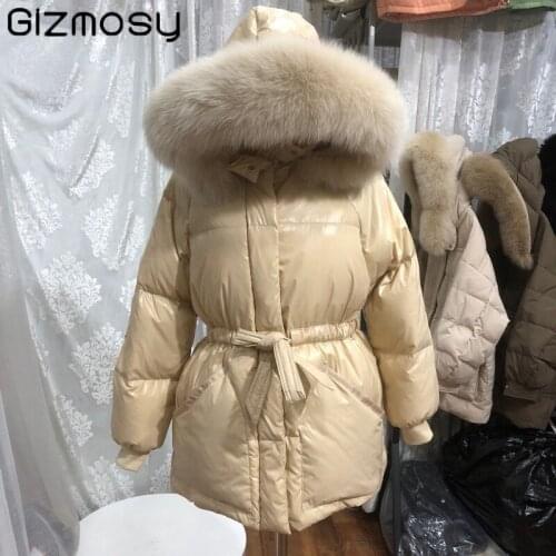 Gizmosy Glossy Down Jacket Womens Winter 2021 New White Duck Down Coat Large Real Raccoon Fur Collar Hooded Warm Coat Outwear