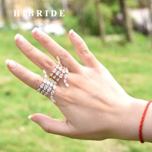 HIBRID Elegant Water Drop Shape Full Cubic Zirconia Pave Women Bridal Engagement Adjustable Ring Jewelry Addiction R-17