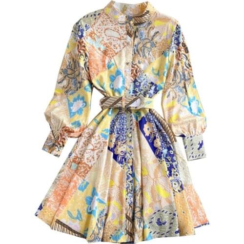 Autumn New Women Fashion Long Puff Sleeve Stand Collar Floral Print Waist Slim Boho Shirt Dress 2021 Casual Vestidos