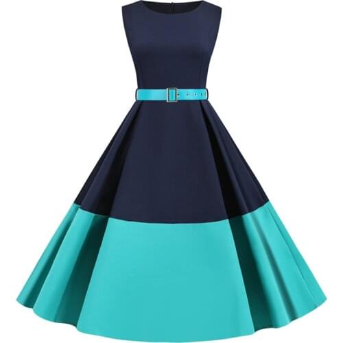 2021 Navy Blue and Turquoise Color Block Retro Robe Summer Dress Women Sleeveless High Waist Belted Vintage Dresses Party