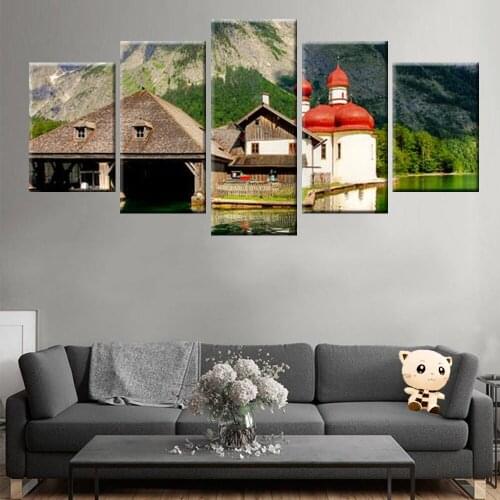 5 Pieces Wall Art Canvas Painting Beautiful Landscape Poster Forest House Nature Bedroom Modern Home Decoration Living Room