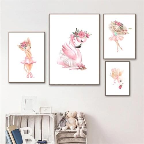 Baby Ballerina Girl Swan Princess Wall Art Poster Rabbit Balloon Canvas Painting Flower Art Print Nordic Kids Girl Room Decor
