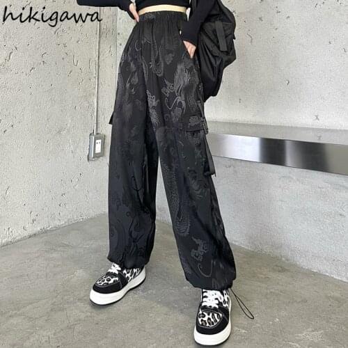 Hikigawa Harajuku Dragon Print Joggers Women 2021 Summer BF Streetwear Sweatpants High Waist Pocket Casual Wide Leg Pants 96859