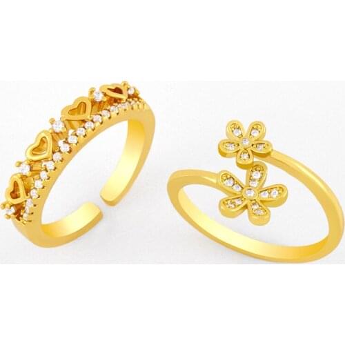 FLOLA Gold Vermeil Heart Cuff Open Rings For Women Rhinestone Adjustable Flower Finger Ring CZ Zirconia Stackable Jewelry rigK26