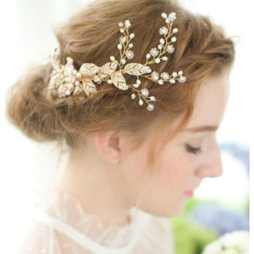 SLBRIDAL Handmade Rhinestones Pearls Flower Leaf Wedding Hair Comb Tiara Bridal Headpieces Crystals Hair Accessories Bridesmaids