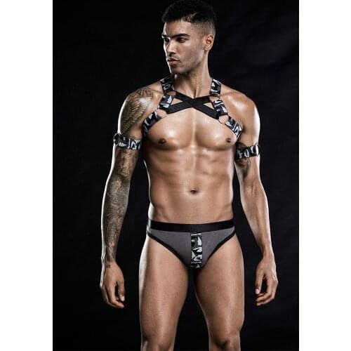 JSY Mens Leopard Harness Straps Vest and Low Waist Brifes Underwear Sexy Men Body Chest Bondage Lingerie Set Nightclub Costume