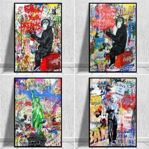 Graffiti Art Disney Mickey Mouse Follow Your Dreams Street Art Canvas Painting Poster and Print Wall Art Picture for Living Room