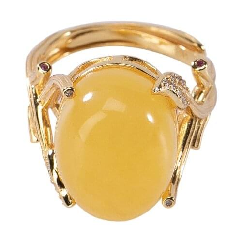 S925 sterling silver plated gold inlaid natural amber beeswax ring personalized Leaf egg noodles Womens Open ring