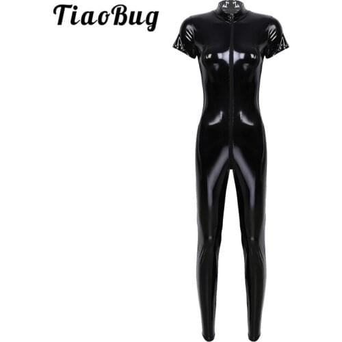 TiaoBug Women Wetlook Black Patent Leather Stand Collar Cap Sleeves Catsuit Jumpsuit Zipper Crotch Sexy Lingerie Rave Clubwear