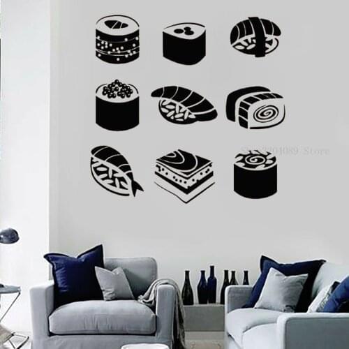 Creative Sushi Wall Decal Vinyl Rice Fish Chopsticks Food Rolls Japan Wall Window Decor Sticker Handmade Decor Wallpaper CN138