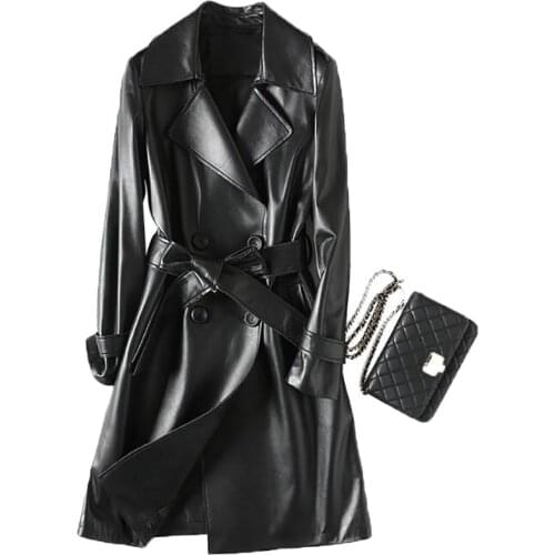 100% Natural Sheepskin Leather Jacket Long Lapel Womens Windbreaker With Belt Soft Genuine Lambskin Coats for Autumn and Winter