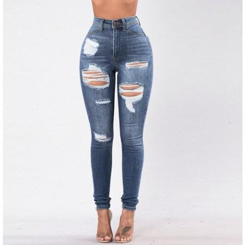 Fashion Sexy High Waisted Skinny Hole Denim Jeans Stretch Slim Pants Calf Length Jeans Streetwear Denim Pants