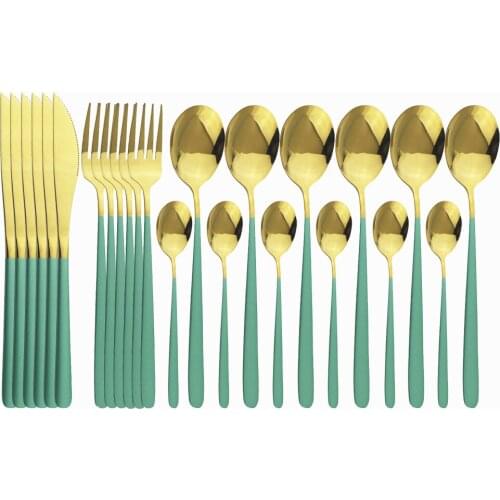 24Pcs/Set Green Gold Cutlery Set 18/10 Stainless Steel Tableware Set Knife Fork Spoon Dinner Set Mirror Flatware Dinnerware Set