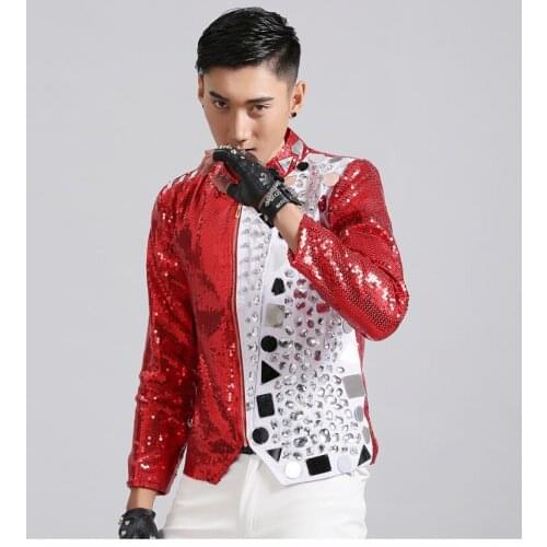 2020 new nightclub male singer bar DJ rock punk red sequins reflective lens rivets coat performance costumes male