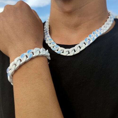 EDY 2021 New Hip Hop Punk Chain Blue Rhinestone Stainless Steel Paint Cuba Necklace Trend For Men Women Girls Female Jewelry