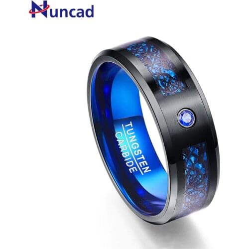 Nuncad 8mm Width 2.3MM Thick Fashion Mens Blue Tungsten Carbide Ring Inlaid Black Dragon for Wedding Jewelry Gift RingT048R