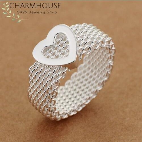 Wedding Bands 925 Silver Rings For Women Mesh Heart Finger Ring Bague Anillos Bridal Brand Jewelry Accessories Party Gift Bijoux
