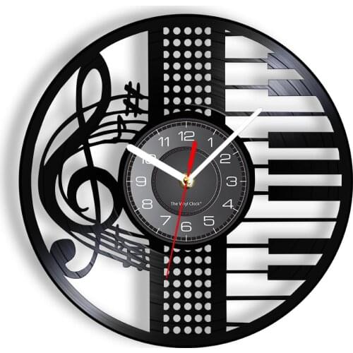 Piano Keys Music Score Notes Vinyl CD Disc Wall Clock Music Pianist Room Decor Treble Clef Symbol Musician Home Decor Timepieces