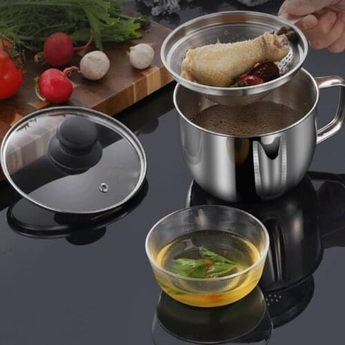 Cooking Grease Separator Pot Oil Soup Strainer Cup Multi-Purpose Use Stainless Steel Grease Oil Filter Jug with Strainer