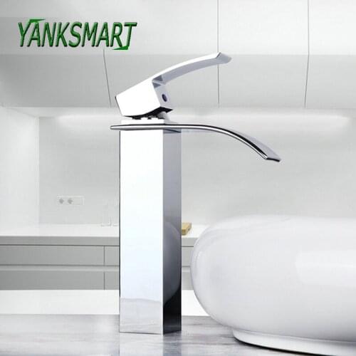 YANKSMART Luxury Chrome Polished Bathroom Faucet Waterfall Deck Mounted Basin Sink Faucet Washbasin Hot And Cold Water Tap