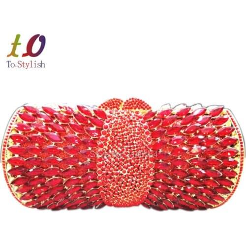 Stylish Red Rhinestone Luxury Crystal Ladies Evening Clutches Banquet Bag Elegant Diamante Gold Dinner Bag for Party Purse 88195