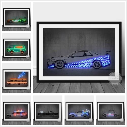 LED Neon Car Poster Nordic Modern Concrete Wall Art prints Canvas Painting Wall Picture For Kid Boy Room Decor cuadros para sala