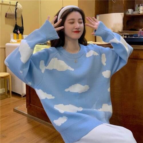Sweater Women Harajuku Lovely Chic Cloud Cartoon Simple Soft Loose Autumn Spring Knitwear Casual Fashion Korean Girl Pullover