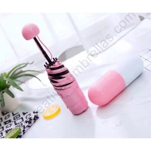 85cm Five fold Anti-thunder windproof fiberglass circular palm pill parasol aluminium black coating anti-uv capsule umbrella