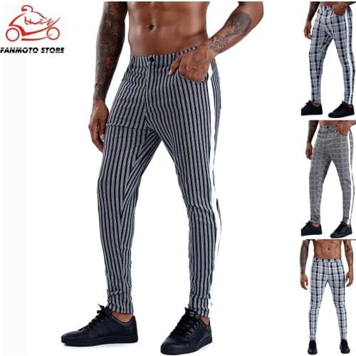 High Elastic motorcycles trousers Men Long Casual Sport Pants Slim Fit Plaid Pants Running Joggers Sweatpants Pantalones Pants