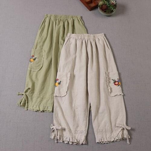 Japan Mori Girl Pocket Embroidered Casual Pants Loose Cotton linen Elastic Waist Cropped wide-leg Pants