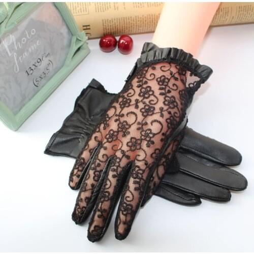 Women Summer UV-Proof Driving Dance Costume Lace Leather Gloves Mesh Fishnet Gloves Cute Patchwork Mittens Guantes High Quality