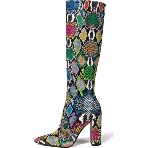 Women Boots Sexy Snake Print Knee High Boots Faux Leather Square High Heel Long Boots Pointed Toe Zipper Autumn Winter Boots