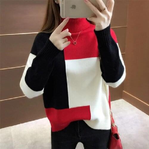 Female Jumper Clothes Top Patchwork Women Pullover Sweater Autumn Loose Long Sleeve Knitted Thick 2021 New Winter Korean