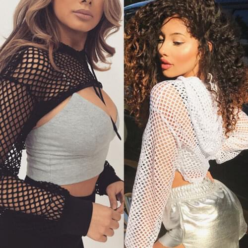 Sexy Casual Women Long Sleeve See Through Fishnet Hollow Out Club Beach Bathing Black/White Bikini Cover Ups Hooded Crop Tops
