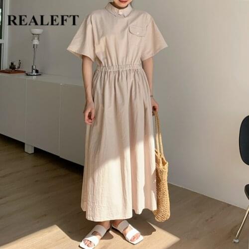 REALEFT Vintage Summer Linen Cotton Dress for Women Elegant Korean Style Solid Color Short Sleeve Stand Collar Casual Dresses