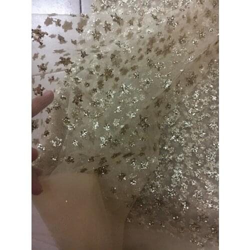 Gold color african glitter tulle fabric sparkly YG-91402 glued glitter sequins lace fabric for party dress