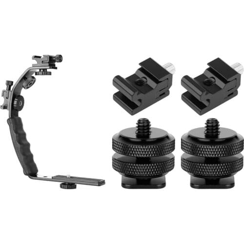 1x Camera L Bracket Mount Video Grip L-Bracket Dual Flash Cold Shoe & 4Pack Camera Combo Pack Hot Shoe Adapter Cold Shoe
