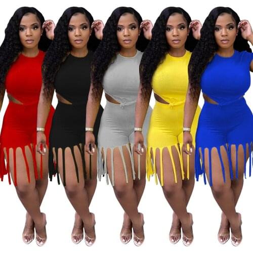 Adogirl Woman Solid Two Piece Set Short Sleeve Crop Tops Sheath Elastic Tassel Shorts Casual Tracksuit Sweatsuit Plus Size S-XXL