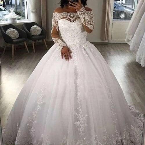 ANGELSBRIDEP Boat-Neck Ball Gown Wedding Dresses 2021 Robe De Mariee Charming Long Sleeves Applique Tulle Formal Bride Gowns