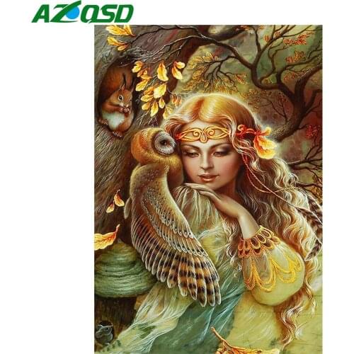 AZQSD Diamond Painting Girl Owl Cross Stitch Diamond Mosaic Portrait Autumn Animal Home Decor 5d Diy Gift Embroidery Full Square