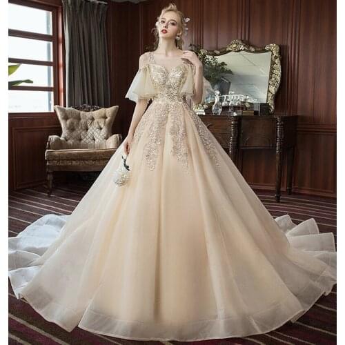 Glitter O neck Ball Gown Wedding Dresses 2020 Appliques Champagne Vintage Lace Bridal Wedding Gowns Vestido De Noiva