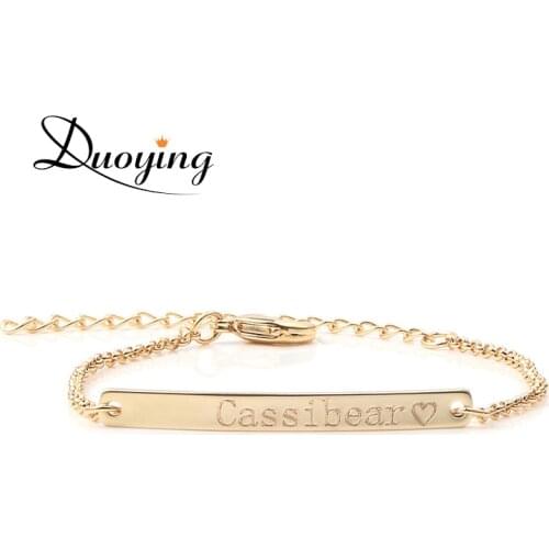 3UMeter 40*4 mm Bar Bracelet For Women Gold Color Custom Name Initial Bracelet Engraved Name Personalized Minimalism Bracelet