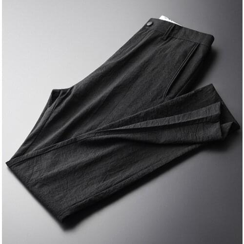 Black Mens Pants Luxury Crinkle Fabric Summer Thin Mens Trousers Plus Size 4xl Hight Quality Ventilate Slim Fit Man Pants