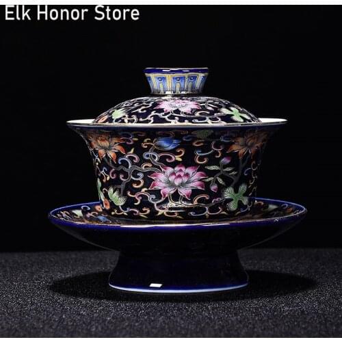 Colored Enamel Ceramic Gaiwan Personal Teacup Handmade Tie Up Branch Flowers And Plants Tea Tureen Bowl Household Teaware